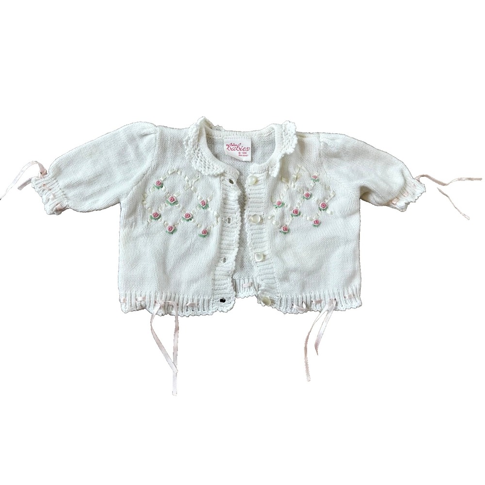 My Twinn Babies Cardigan Sweater Pink Flowers White Knit 19" Doll clothes 1999